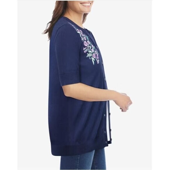 Woman Within Perfect Elbow-Length Sleeve Cardigan Navy Flower Plus Size 2X - Picture 2 of 11